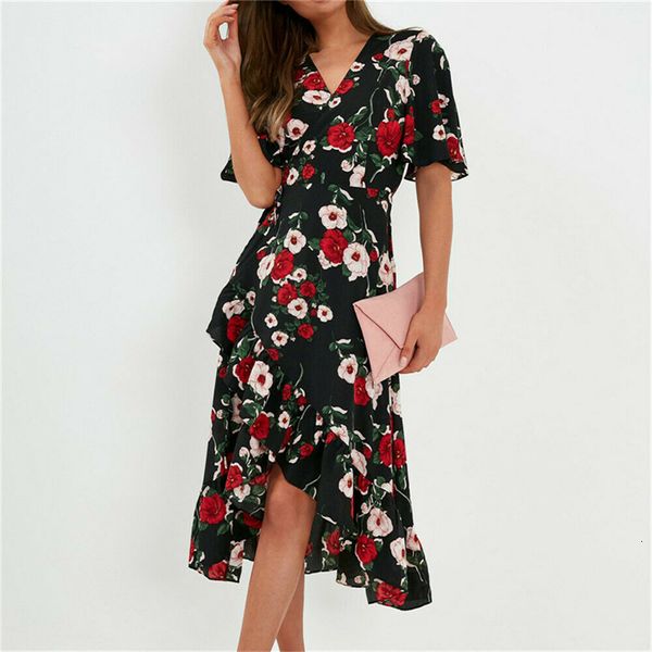 

fashion women summer flower sundress elegant short sleeve floral midi dress ruffles boho beach party club tunic vestidos, Black;gray