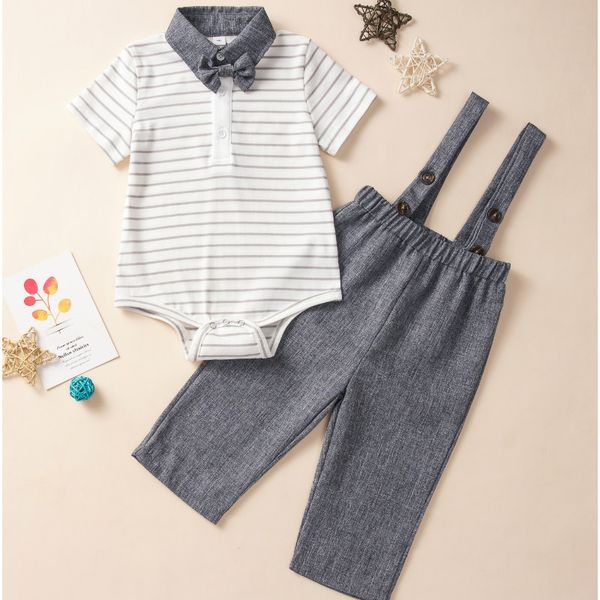 

newborn baby boy clothes stripe short sleeve bodysuits +overalls bib pants 2pcs sets toddler summer little gentleman outfits, White
