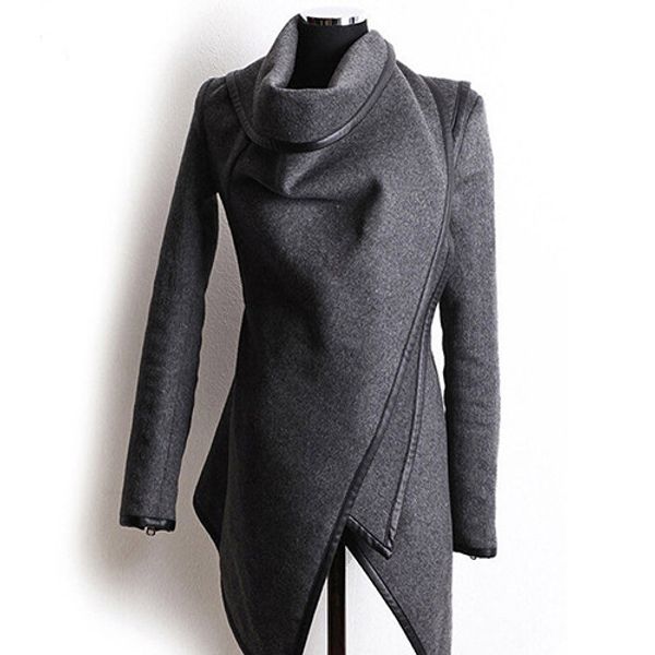 

women fashion autumn asymmetric irregular long sleeve trench coat windbreaker, Black