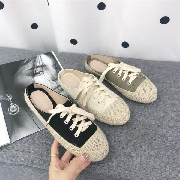 

slippers casual shoes woman 2020 lady slipers women loafers luxury girl summer flat new lace-up rome slides pu fabric round toe, Black