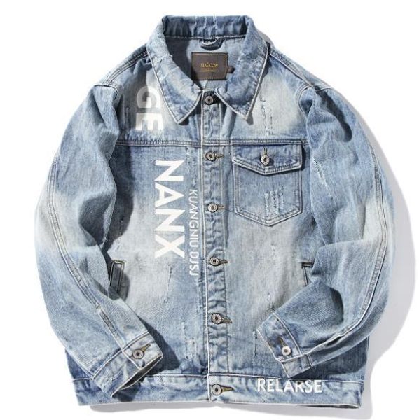 

designer denim jacket mens autumn personality printed denim mens outerwear fashion brand loose washed old oversize denim coat, Black;brown