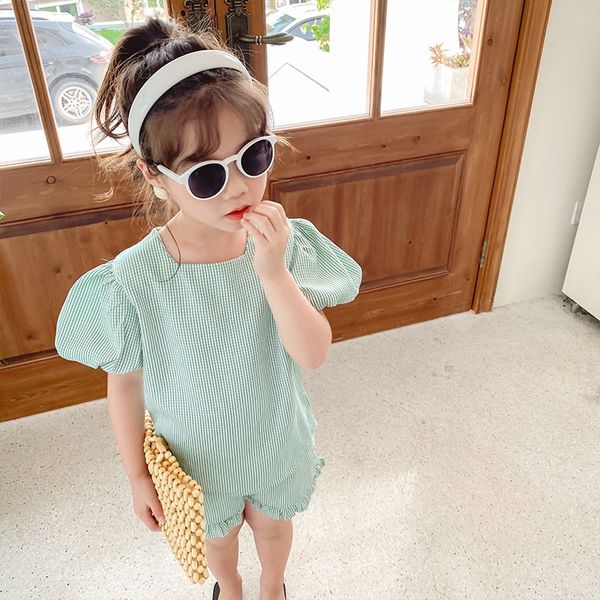 

girls suit 2020 children's t-shirt and shorts bubble sleeve short sleeve t-shirt baby's foreign style striped shorts two-piece sui