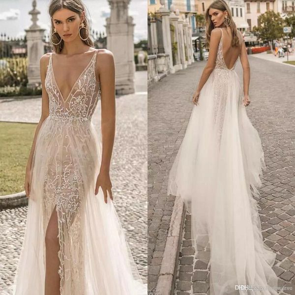 

berta 2019 beach wedding dresses illusion v neck lace appliques bead bridal gowns side split tulle backless designer a-line wedding dresses, White