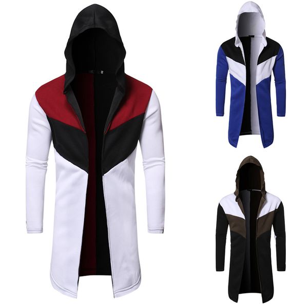 

hip hop men's hooded patchwork trench men coat jacket cardigan long sleeve outwear blouse jaqueta masculino chaqueta hombre, Black;brown