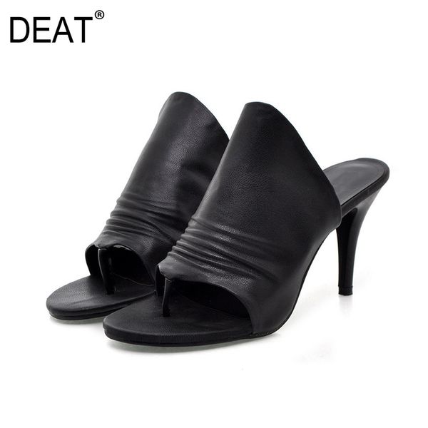 

deat] 2020 new spring summer round toe split toes personality pleated thin high heels slippers women shoes fashion 10h171, Black