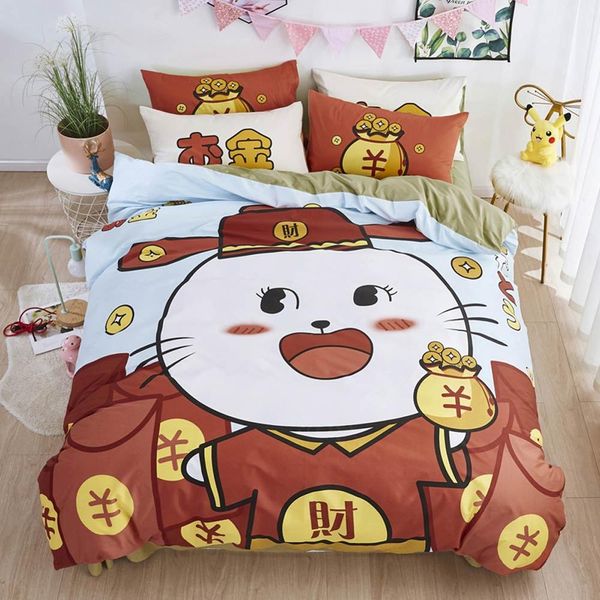 

japanese rich cat red golden cartoon bedding sets twin  flat sheet fitted sheet high count cotton bedlinens duvet cover set