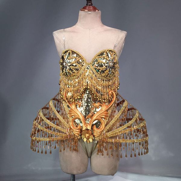 

gold crystal beads bodysuit dress stage performance bling dresses dance wear nightclub shining costume outfit, Black;red