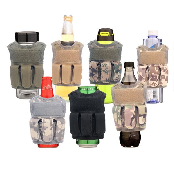 

tactical beer bottle cover mini miniature molle vest personal bottle drink set adjustable shoulder strap 7 colors, Camo;black