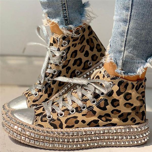 

2020 new ankle shoes casual lace-up high-shoes female leopard hemp rope thick bottom canvas shoes zapatos de mujer y200111, Black