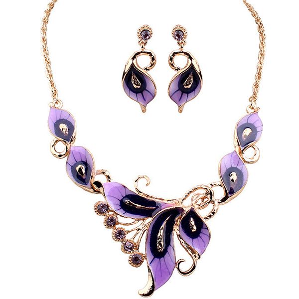 

butterfly necklace earring sets alloy gold colorful flower design jewelry stud earring pendant charm chocker necklace for girls women gift, Silver