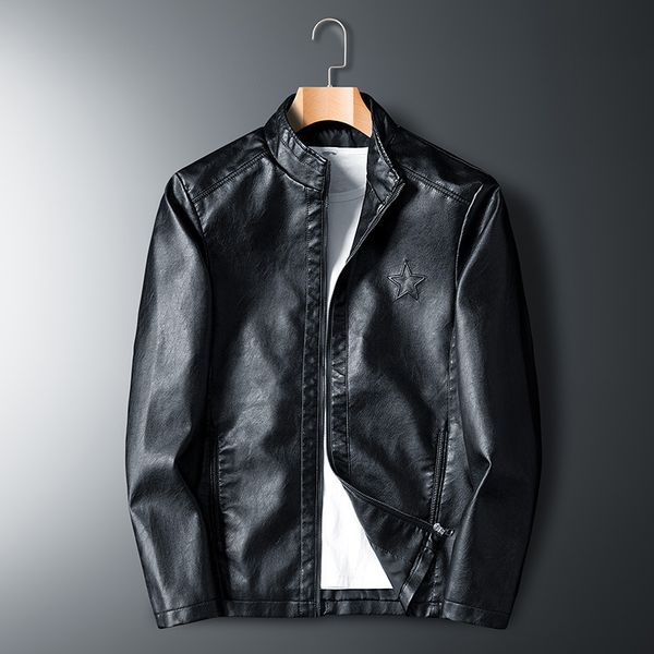 

2019 мужской стенд воротник молния искусственная кожа тонкий мотоцикл одежда мужская кожаная куртка мужская прилив размер, Black