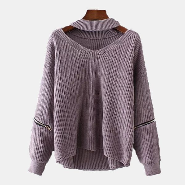 

women choker v neck autumn solid long sleeve sweater 2018 casual loose oversized knitted sweater women' s fashion pullovers, White;black