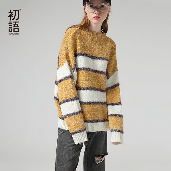 

toyouth fashion bright silk sweater for women autumn warm pullover hit color striped long sleeve sweater, White;black
