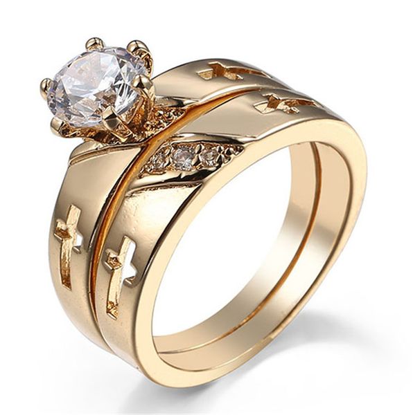 

fashion 14kt gold double cross ring for men woman anillos big white cubic zirconia wedding finger ring fine jewelry bague new, Slivery;golden