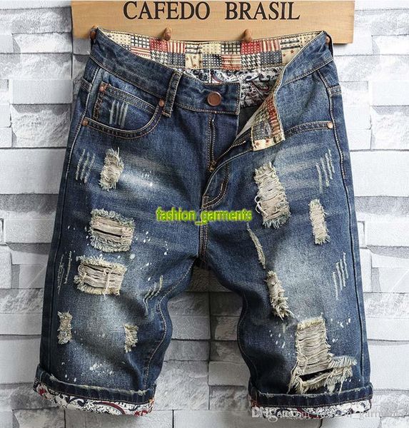 

fashion personality hole men's denim shorts men's trend summer new thin section pants men's designer slim denim shorts, Blue