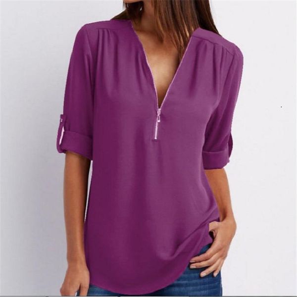 

women v neck zipper chiffon blouse solid color long sleeve basic ladies summer casual loose blusas tee shirts, White