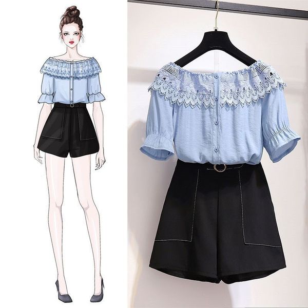 

2019 new summer women slash neck lace patchwork hollow out shirts+solid wide leg loose skirt suit female plus size 3xl sets z279, White