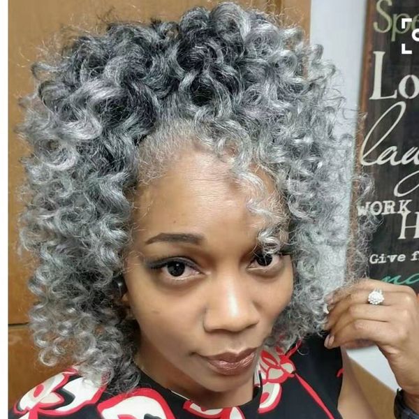 Frauen graue Haarverlängerung silber grau afro kinky curly kordelzug menschliche haare ponytails haarstücke clip in 100% echtes haar 140g 120g
