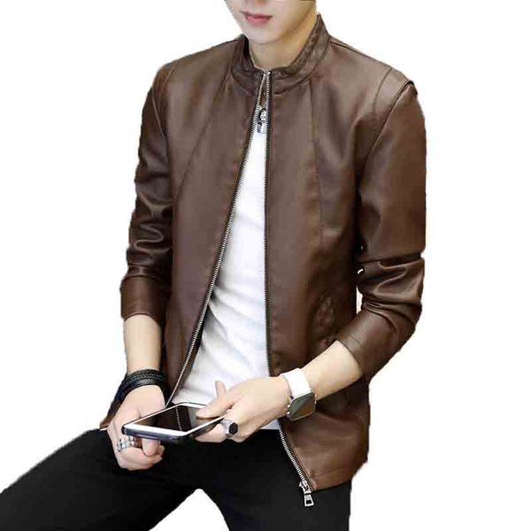 

2019 men's new fall of cultivate one's morality collar leather jacket pure color handsome young fashion pu leather jacket, Black