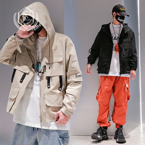 

golomise men fashion loose solid safari style jacket casual pockets patchwork hip hop coat with hooded, Black;brown