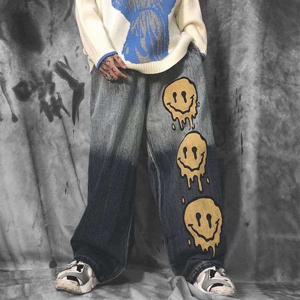 

uncledonjm high street graffiti smile face printed denim pants mens elastic waist loose straight jeans hip hop streetwear, Blue