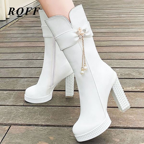 

plus size 33-43 mid-calf boots women new autumn winter square 10.5cm high heels fashion riding equestrian round toe ladies shoes, Black