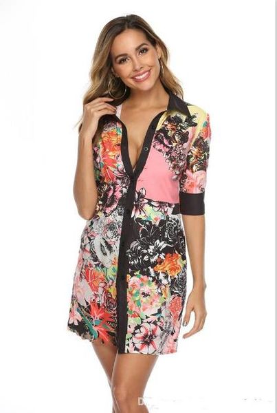

summer lapel neck womens shirt dresses fashion short sleeve floral print ladies dresses with button, Black;gray