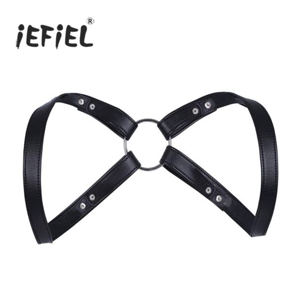 

iefiel brand fashion men lingerie faux leather adjustable body chest harness bondage costume with press buttons, Black;brown