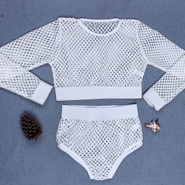 

womens fishnet long sleeve cami crop brief 2pcs lingerie set bodysuit 2020, Black;red