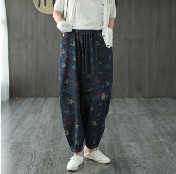 

summer jeans women 2020 large size elastic waist loose denim pants new casual pocket five stars retro all-match trousers, Blue