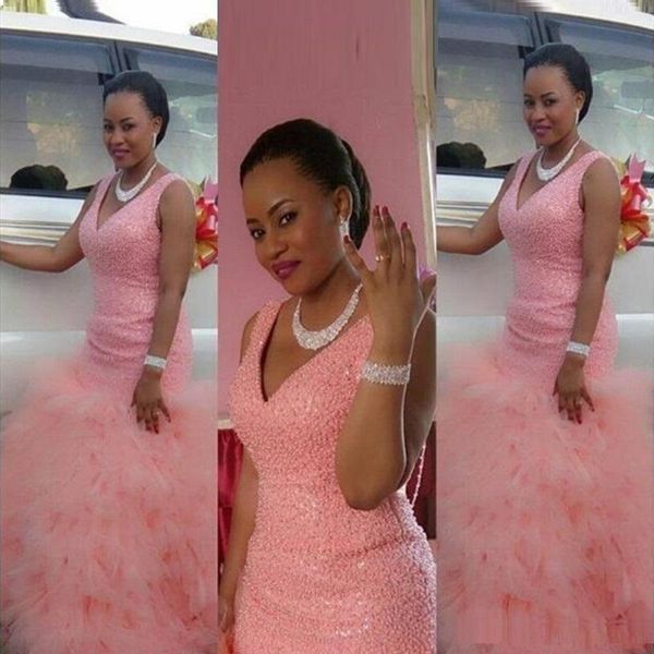 

pink beaded prom dresses ruffles tiered skirt mermaid tulle v neck straps floor length custom made evening party gowns formal occasion wear, Black