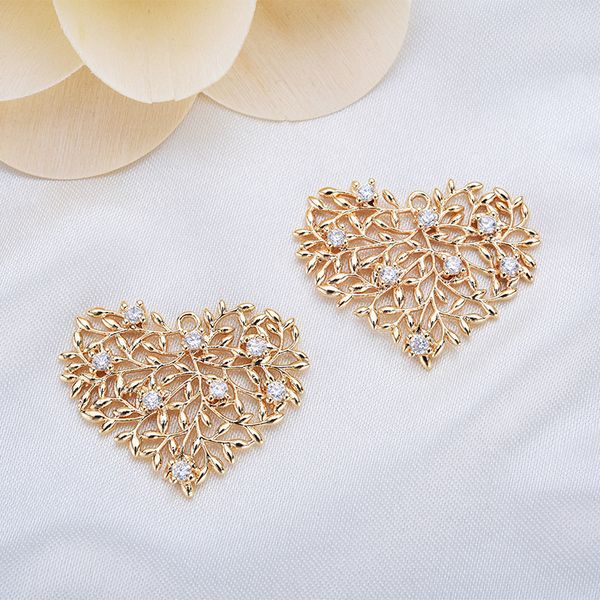 

4pcs 21x27mm 24k champagne gold color plated brass with zircon heart charms pendants diy jewelry accessories, Bronze;silver