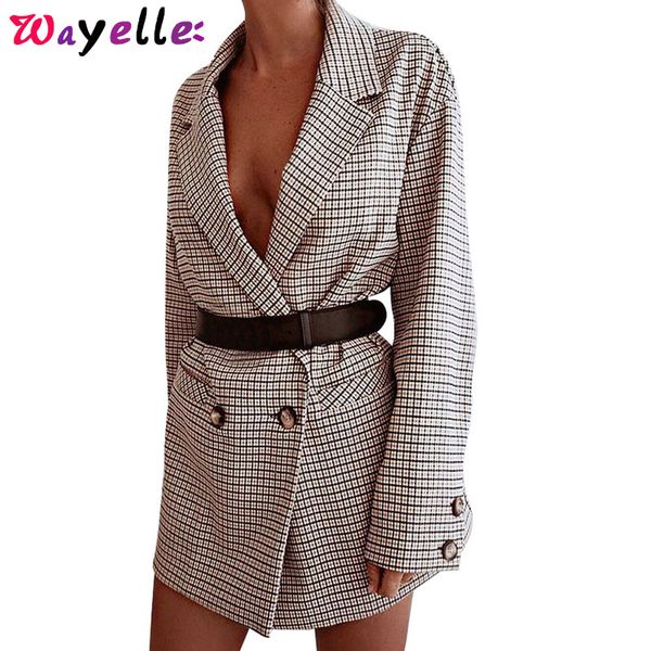 

new fashion notched lapels autumn blazer coat women buttons pockets loose plaid blazer women casual oversize jack, White;black