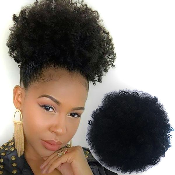 

human hair wrap drawstring puff ponytail african american afro short kinky curly bun hairpiece hair accessories, Black