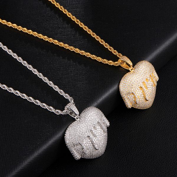 

bling shiny iced out micro paved cz heart drop necklaces & pendants for men hip hop rapper jewelry with tennis chain, Silver