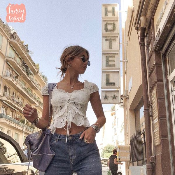 

boho white blouse women blouse shirt ruffled hollow out lace woman back lace fashion streetwear blouse lady top