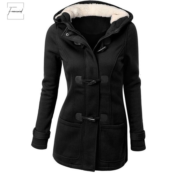 

spring fashion women trench autumn womens clothing silm hooded horn buckle button coats long sleeve thick outerwear, Tan;black
