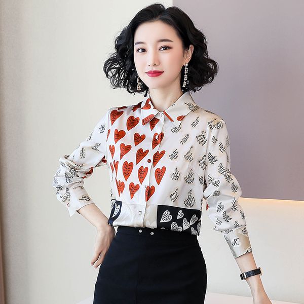 

new style silk satin shirt runway women vintage long sleeve runway printed ladies button blouses slim elegant office designer shirts, White