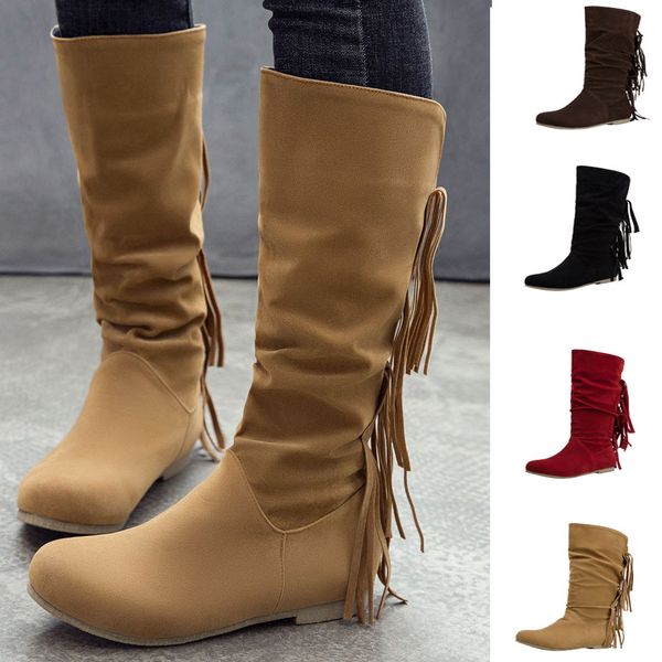 

boots 2019 brand new style women's suede boots long fringe winter embroidered fashion zapatos de mujer #30, Black