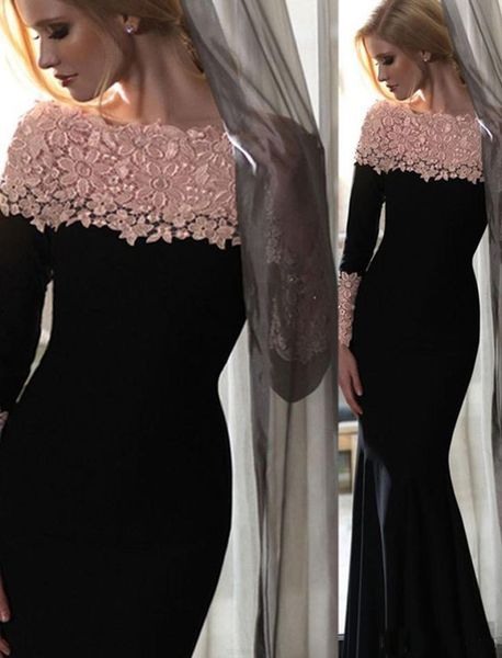

2018 elegant black and pink evening formal Dresses Sexy Bateau neck lace Custom Made Mermaid prom gowns long sleeves Prom Party Dresses