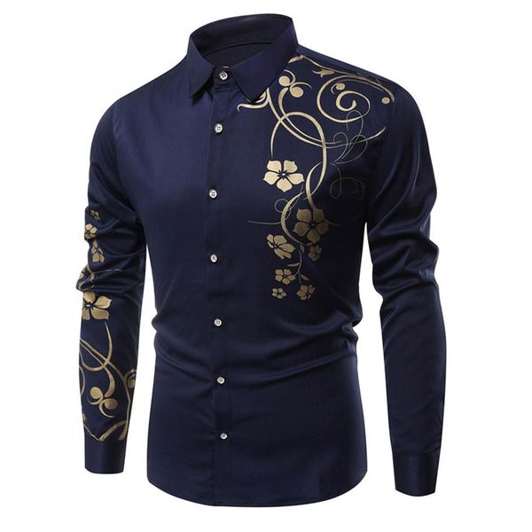 

fashion men bauhinia print buttons turn down collar long sleeve shirt slim top, White;black