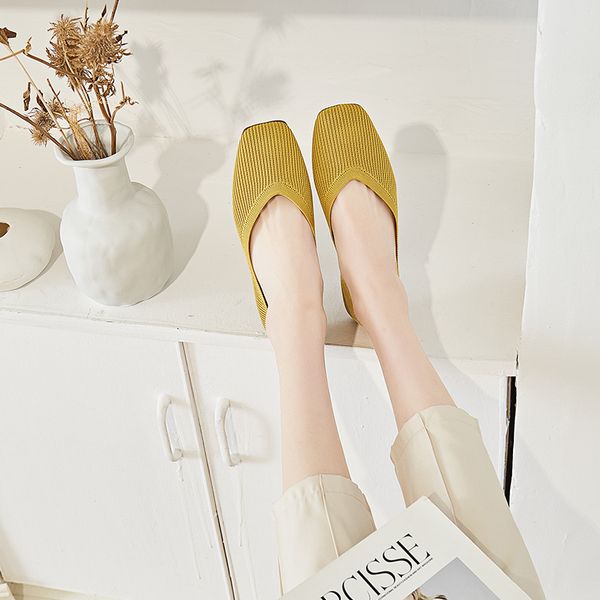 

knit flat shoes women stretch fabric square toe flats summer breathable shallow single shoes women weekend leisure loafers, Black