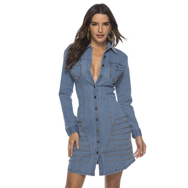 

Spring Female Rivet Jeans Dress Women Lapel Neck with Button Dresses Casual Ladies Work Denim Dress