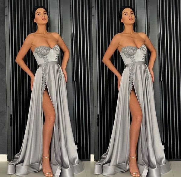 

Sexy Silver Evening Dresses 3D Applique High Split Prom Gowns Special Occasion Dress Formal Wear robes de soirée Abendkleider