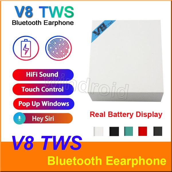 

v8 tws wireless bluetooth earphone touch control pop up window wake up siri earbuds with charging box headphone stereo music headset 10pcs