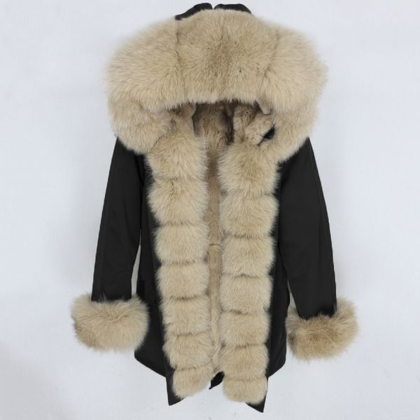 OFTBUY Impermeabile Parka Cappotto di Pelliccia Reale Giacca Invernale da Donna Collo di Pelliccia di Procione Naturale Cappuccio Vera Pelliccia di Coniglio Fodera Staccabile