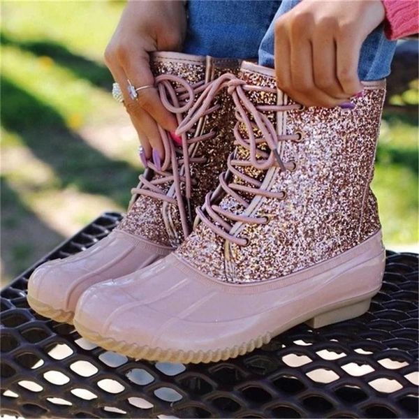 

new sparkle ankle boots fashion sequin waterproof lace up female pvc shoes round toe autumn bling waterproof ladies short boots, Black