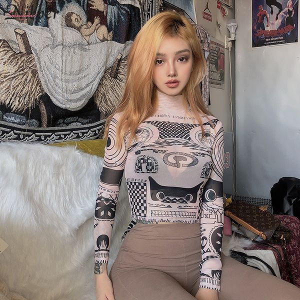

gothic punk printing leisure crop mujer mesh t shirt women 2019autumn stretch slim soft basic full sleeve tee shirts, White