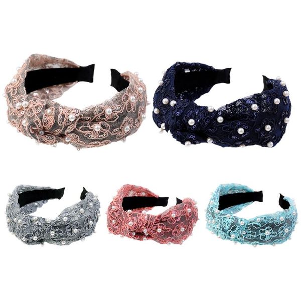 

simple women college style imitation pearl headband delicate lace lady wide knotted hair band girls headdress, Golden;white