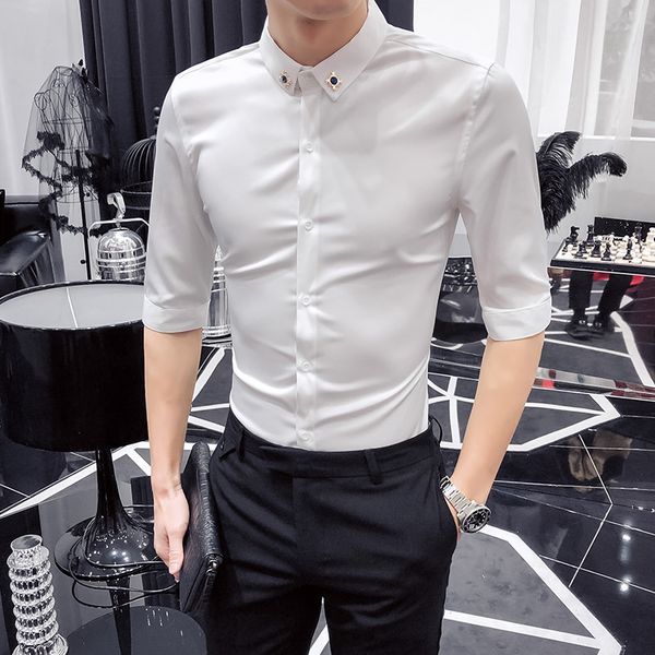 

metal decor shirt men fashion 2020 summer half sleeve men casual shirts all match slim fit streetwear work shirts, White;black